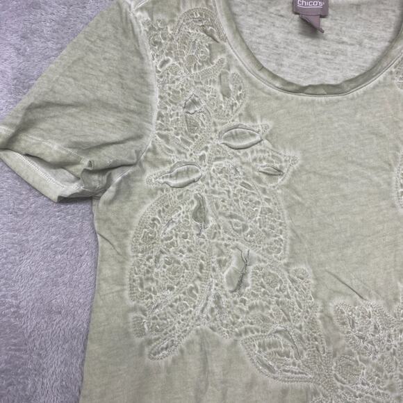 Chicos Top Womens Medium Green Tee Short Sleeve Cotton Round Neck 1 - Picture 2 of 8